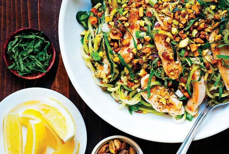 zucchini pasta with chicken pistachios recipe